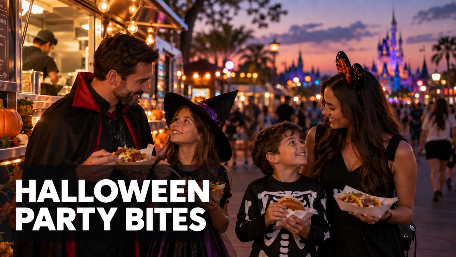 Illustrated family in Halloween costumes enjoying food-truck meals near an Orlando theme park at dusk