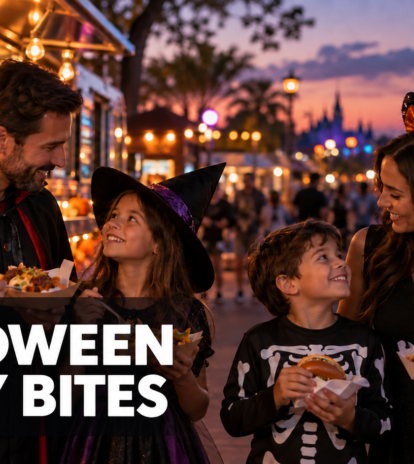 Illustrated family in Halloween costumes enjoying food-truck meals near an Orlando theme park at dusk