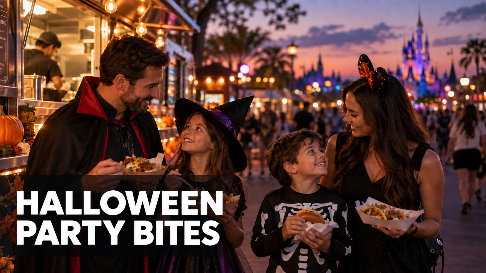 Illustrated family in Halloween costumes enjoying food-truck meals near an Orlando theme park at dusk