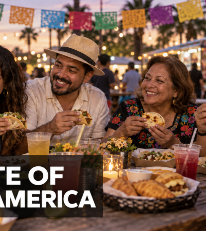 Illustrated family sharing Latin American food at a Kissimmee food-truck gathering