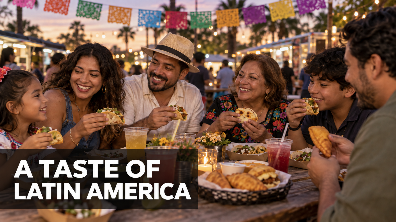 Illustrated family sharing Latin American food at a Kissimmee food-truck gathering