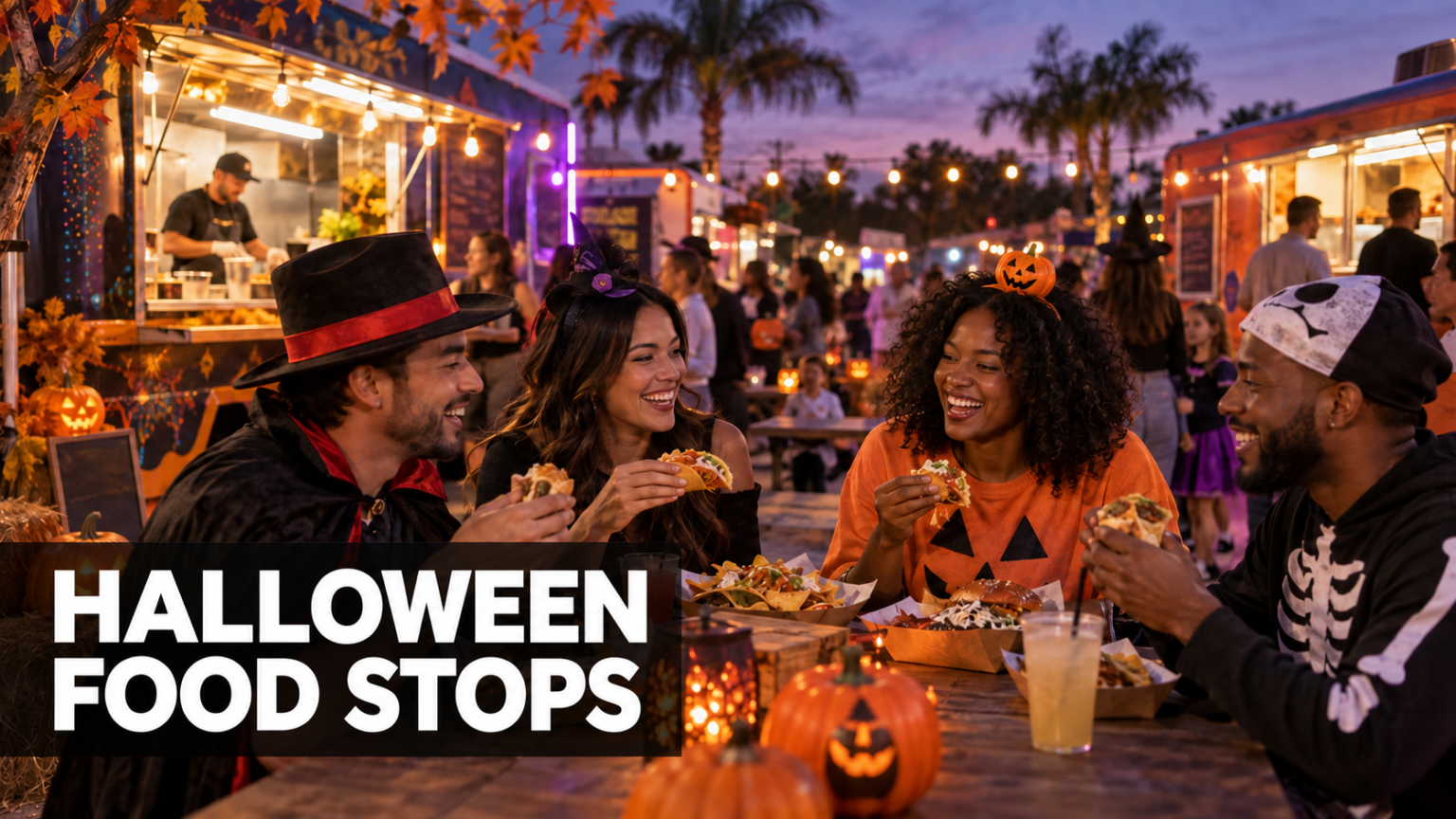 Illustrated friends in Halloween attire enjoying food-truck meals at dusk