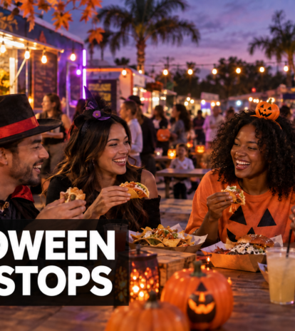 Illustrated friends in Halloween attire enjoying food-truck meals at dusk