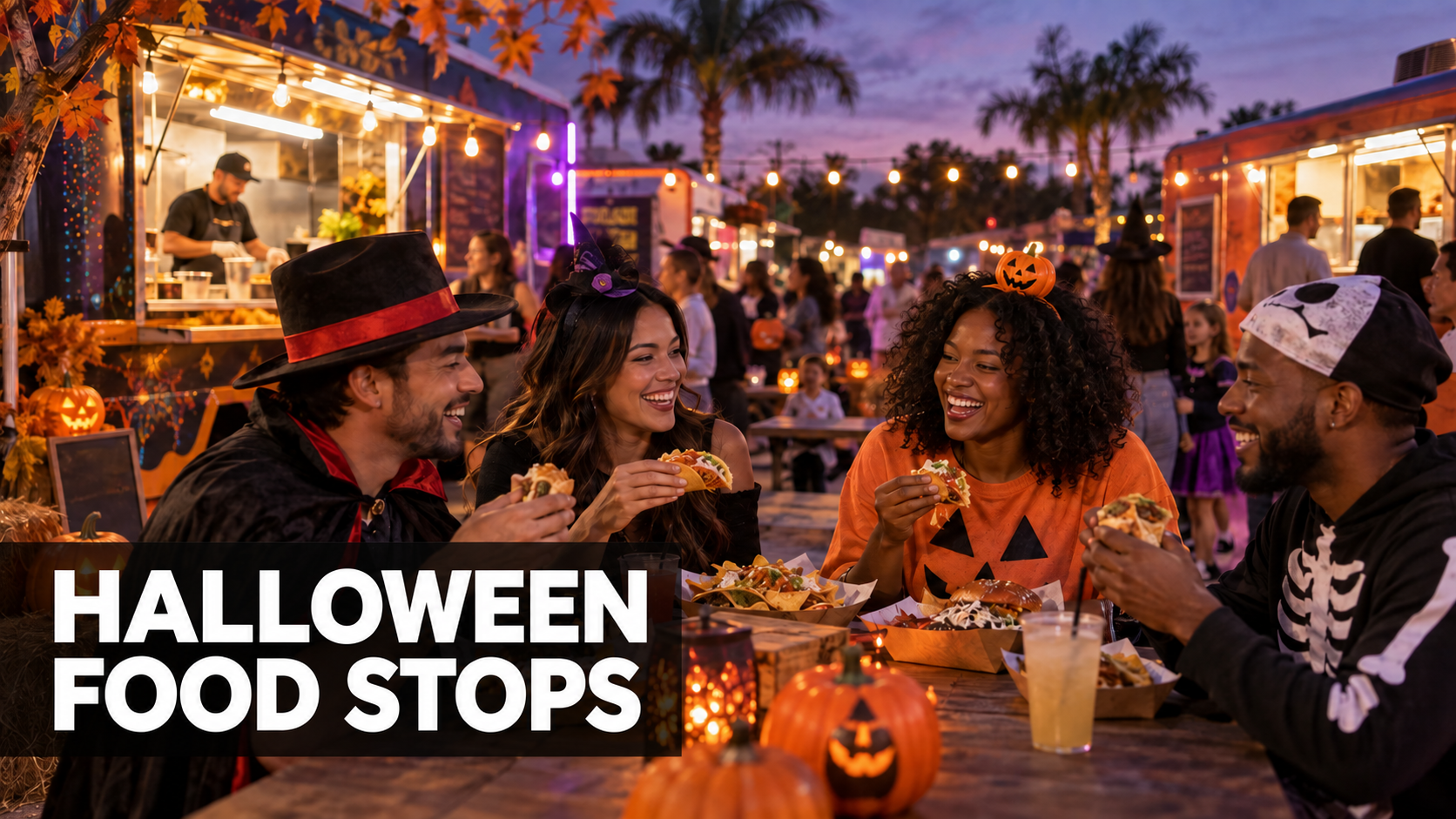 Illustrated friends in Halloween attire enjoying food-truck meals at dusk