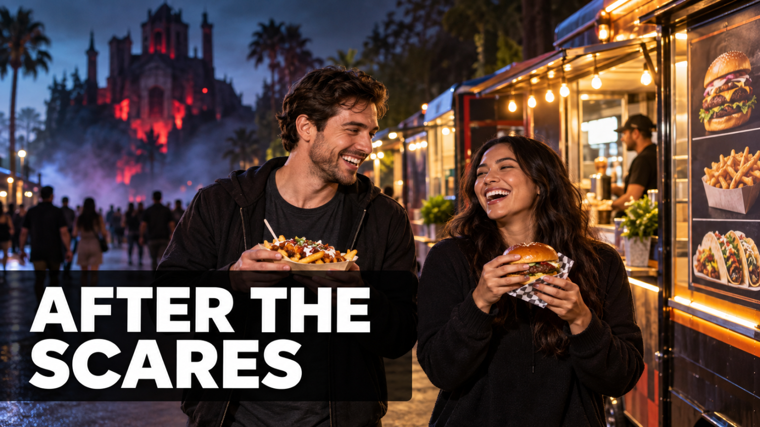 Illustrated friends enjoying food-truck meals after a spooky Orlando attraction