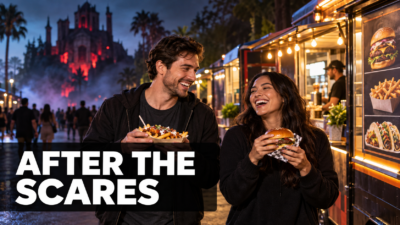 Illustrated friends enjoying food-truck meals after a spooky Orlando attraction