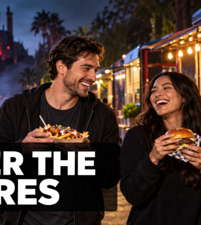 Illustrated friends enjoying food-truck meals after a spooky Orlando attraction