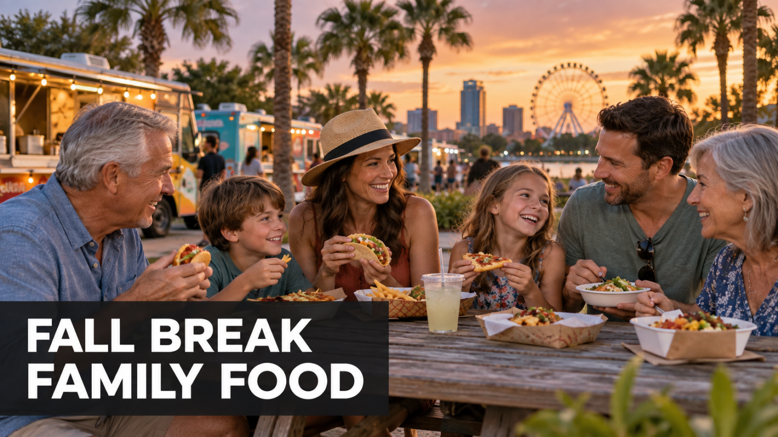 Illustrated multigenerational family sharing different food-truck meals on vacation