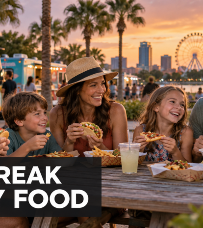 Illustrated multigenerational family sharing different food-truck meals on vacation