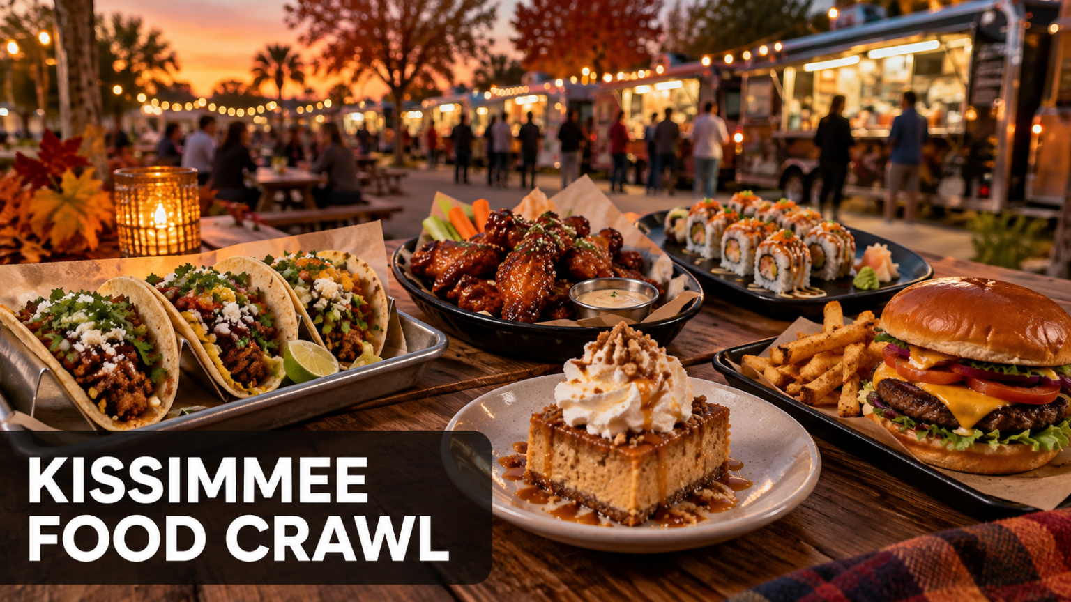 Illustrated spread of tacos, wings, sushi, burger and dessert at a food-truck park