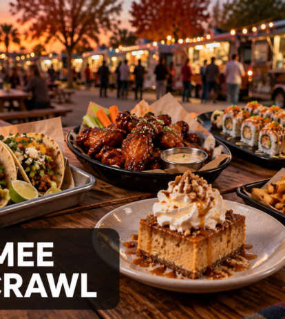 Illustrated spread of tacos, wings, sushi, burger and dessert at a food-truck park