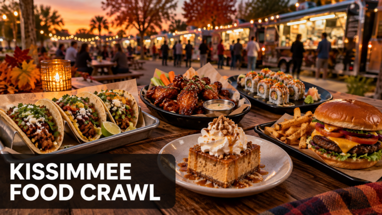 Illustrated spread of tacos, wings, sushi, burger and dessert at a food-truck park