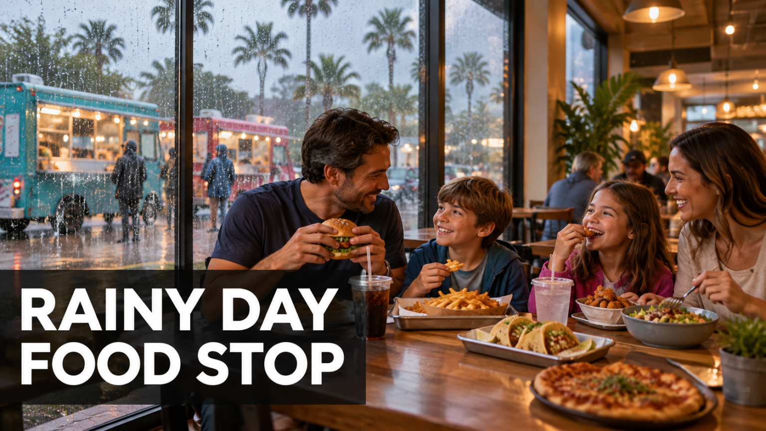 Illustrated family dining indoors while rain falls outside near food trucks