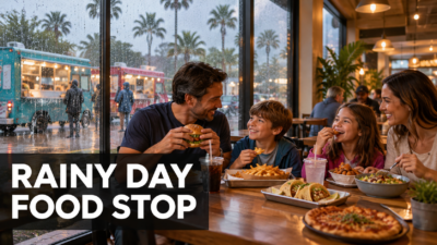 Illustrated family dining indoors while rain falls outside near food trucks