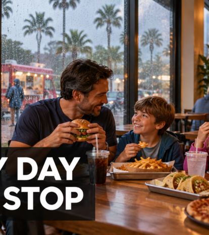 Illustrated family dining indoors while rain falls outside near food trucks