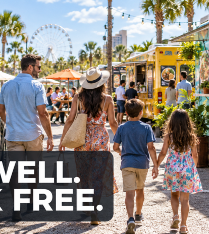 Illustrated group sharing many different meals at a food-truck park