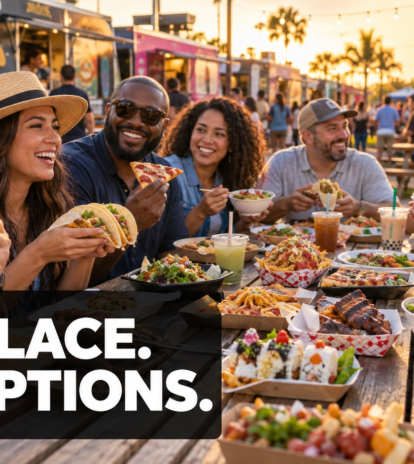 Illustrated family arriving from a parked car to enjoy diverse food trucks