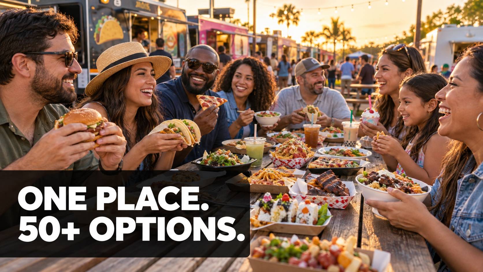 Illustrated family arriving from a parked car to enjoy diverse food trucks