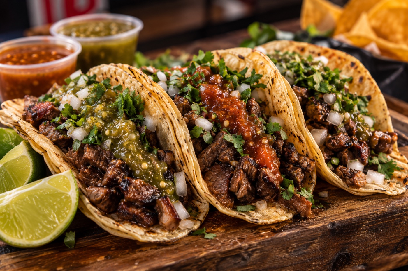 Tacos with cilantro, onion and salsa