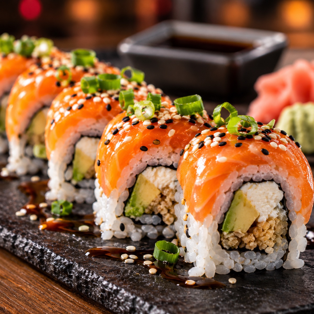 Fresh sushi rolls with avocado and salmon