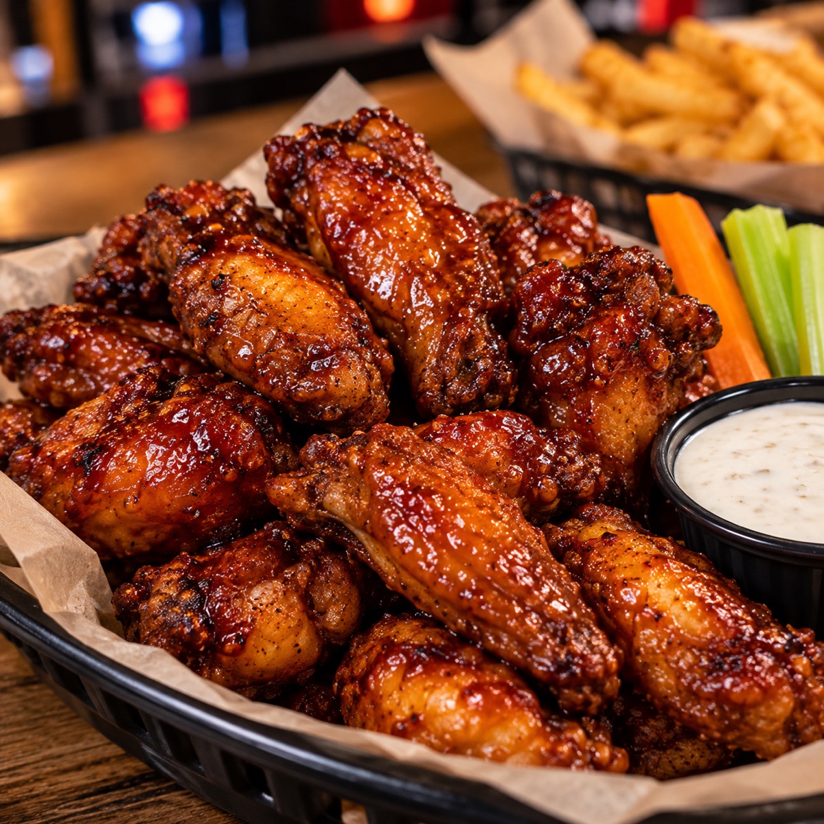 Sauced chicken wings with celery and carrots