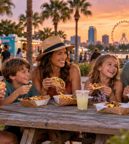 Illustrated multigenerational family sharing different food-truck meals on vacation