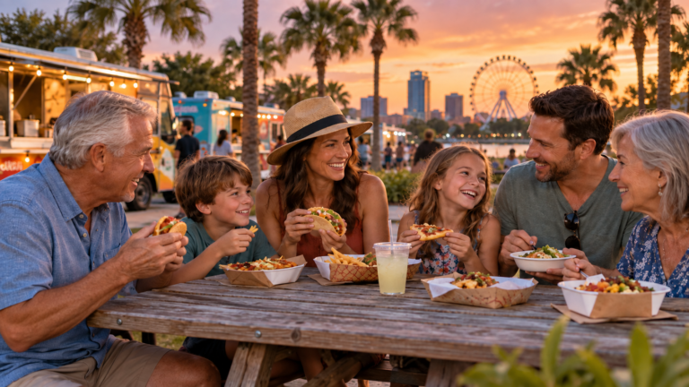 Illustrated multigenerational family sharing different food-truck meals on vacation